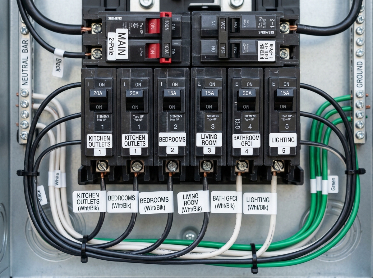 Modern residential electrical breaker panel upgrade with whole-home surge protection