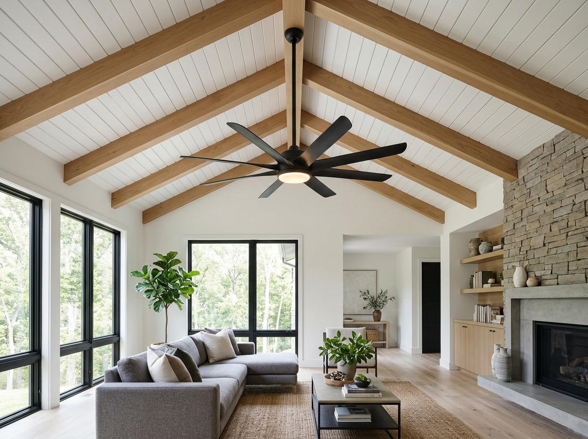 Ceiling fan and modern lighting fixture installed with zero-wobble mounting