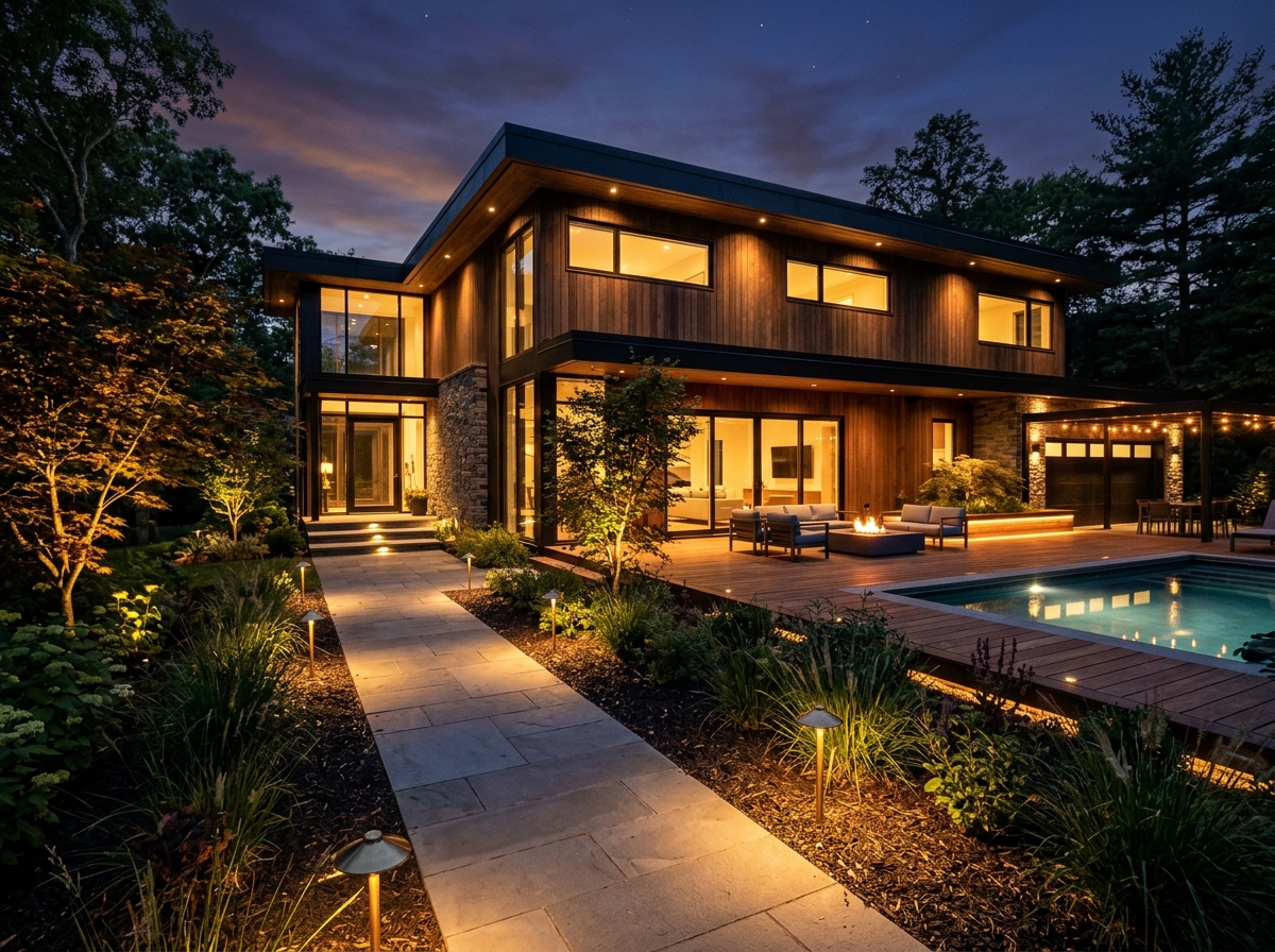 Outdoor security floodlights and smart lighting controls