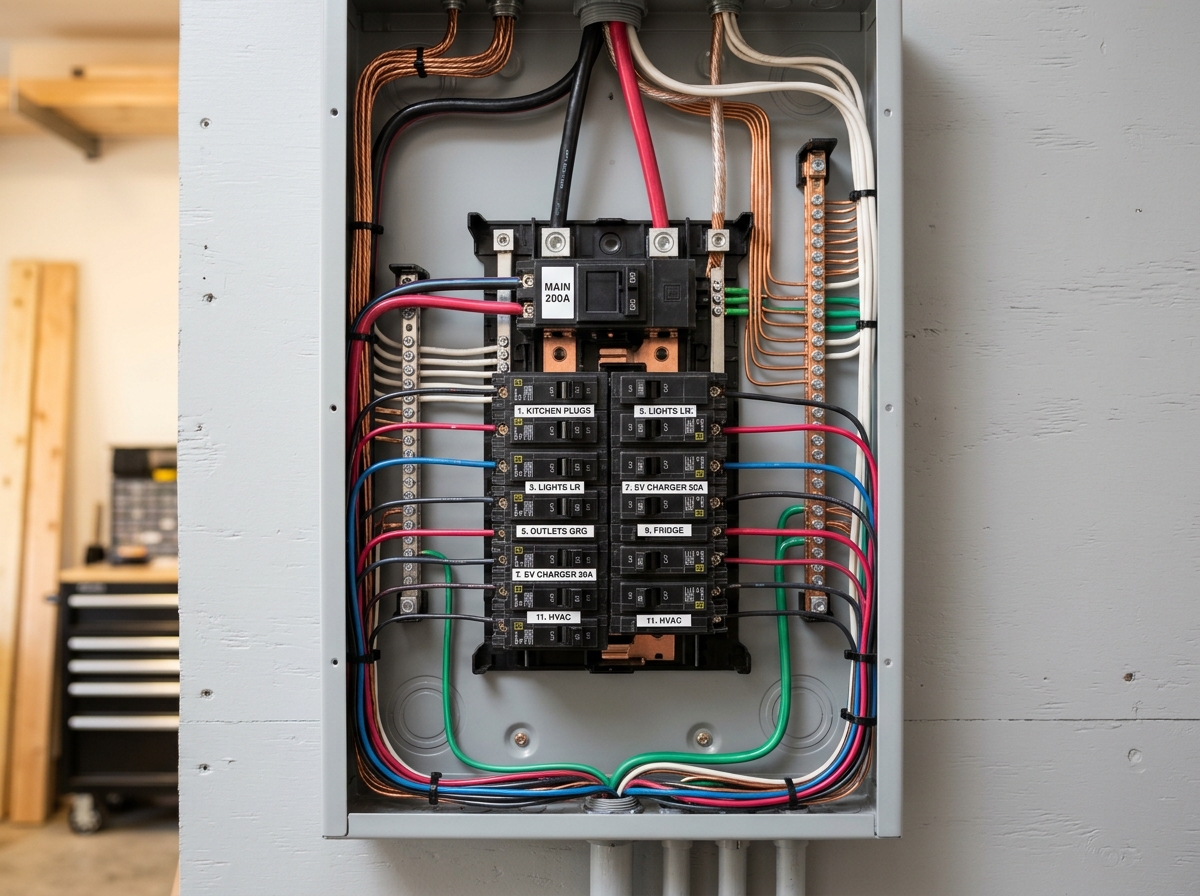 Neat, precision-labeled residential breaker panel